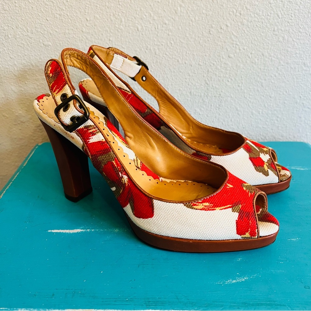 Bettye Muller Red Floral Peep Toe Star Slingbacks Heels Size 39